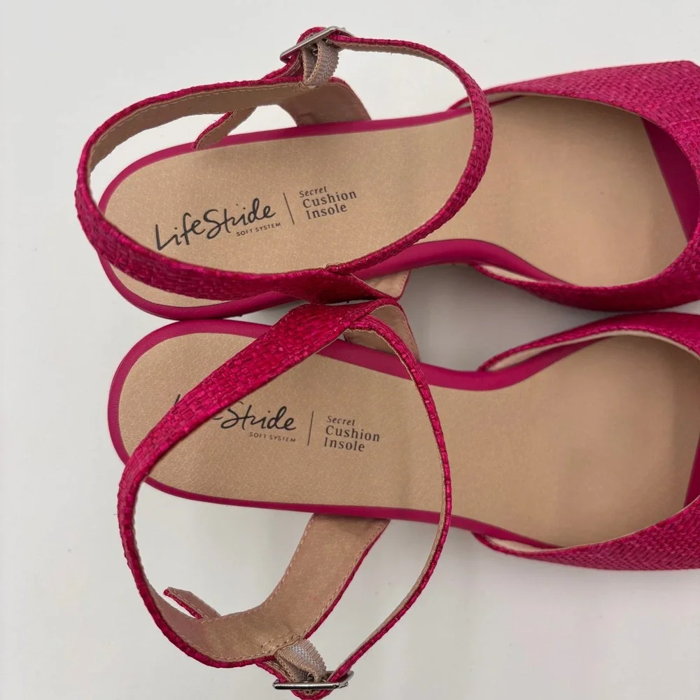 LifeStride Wedge Sandals Womens 8.5 Magenta Pink Woven Cork Heel Strappy